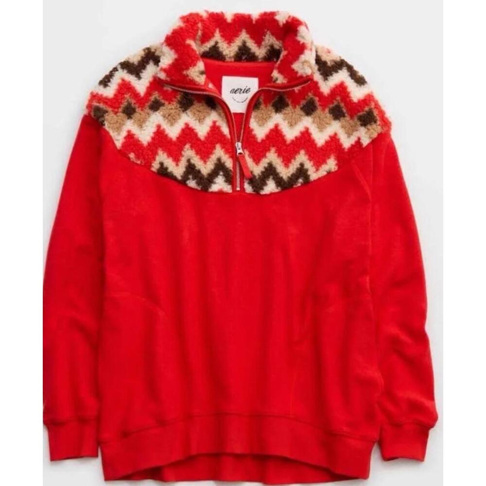 Aerie Oversized Hometown Holiday Quarter Zip Medium Sweatshirt Red Sherpa Tribal